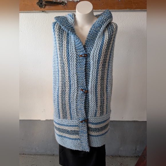 Handmade Sweaters - Hand Knitted Hooded Blue and White Sweater Coat Oversized Bohemian XL